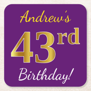 Lila, Imitate Gold 43. Geburtstag + Individuelle N Rechteckiger Pappuntersetzer