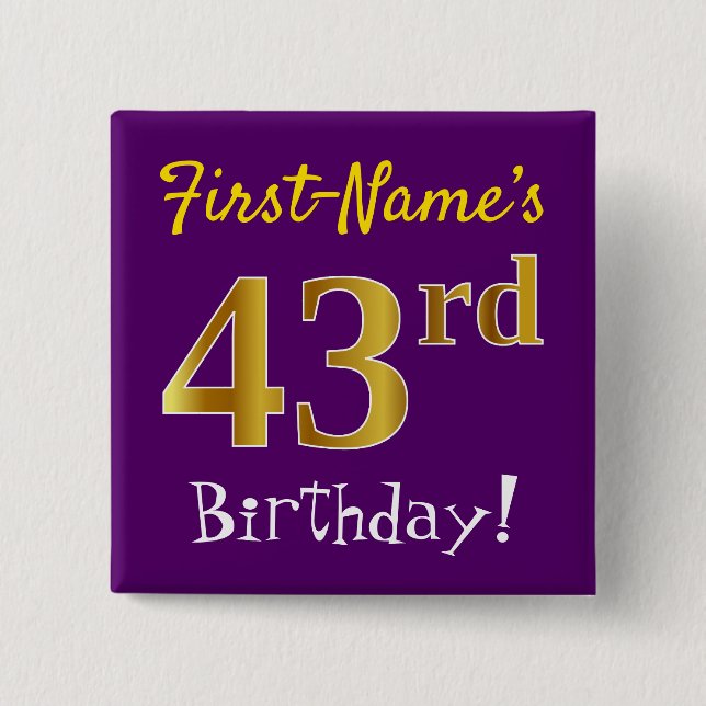 Lila, Imitate Gold 43. Geburtstag, mit Individuell Button (Vorderseite)