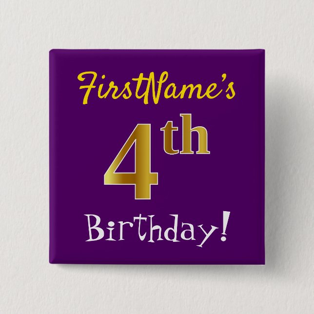 Lila, Imitate Gold 4. Geburtstag, mit Individuelle Button (Vorderseite)