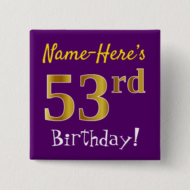 Lila, Imitate Gold 53. Geburtstag, mit Individuell Button (Vorderseite)