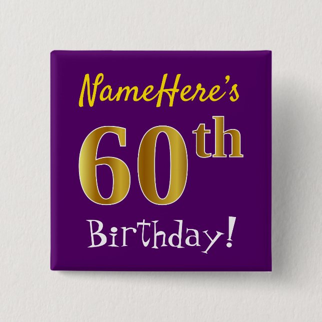 Lila, Imitate Gold 60. Geburtstag, mit Individuell Button (Vorderseite)