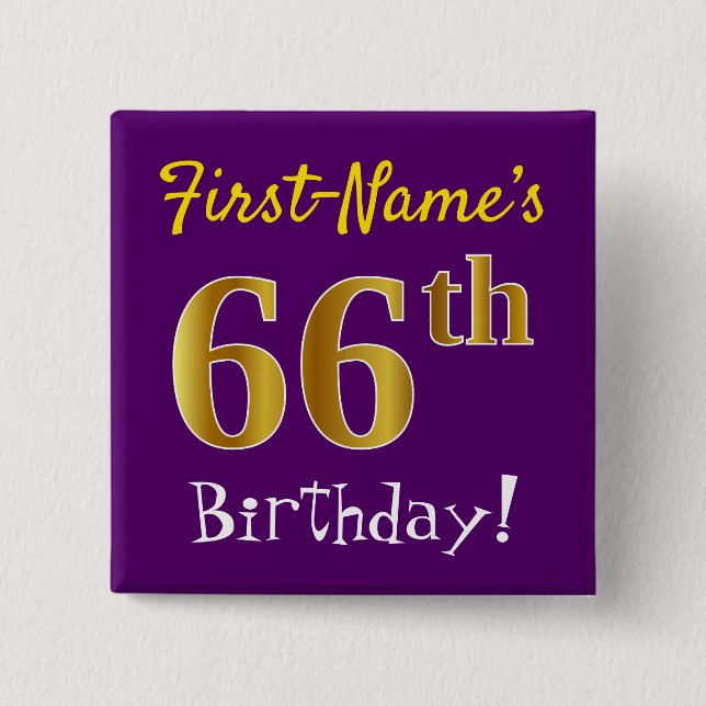 Lila, Imitate Gold 66. Geburtstag, mit Individuell Button (Vorderseite)