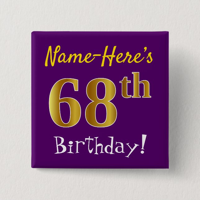 Lila, Imitate Gold 68. Geburtstag, mit Individuell Button (Vorderseite)