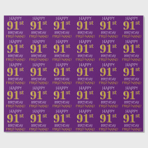 Lila, Imitate Gold "HAPPY 91. BIRTHDAY" Geschenkpapier
