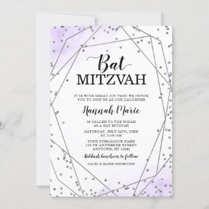 Lila Imitate Silver Glitzer Geometric Bat Mitzvah Einladung