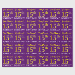 Lila, Imitation Gold Look "15. GEBURTSTAG" Geschenkpapier