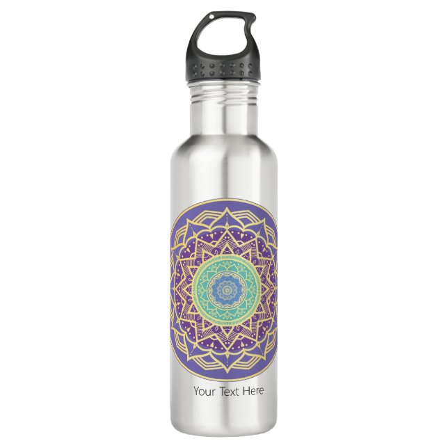 Lila Indigo Gold Türkise Mandala Metaphysische Edelstahlflasche (Vorderseite)