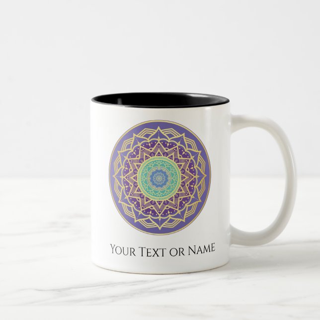 Lila Indigo Gold Türkise Mandala Metaphysische Zweifarbige Tasse (Rechts)