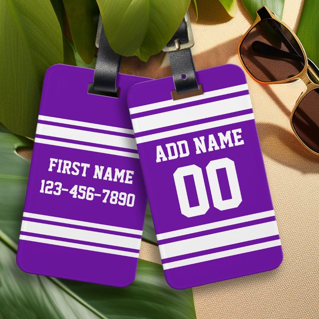 Lila Individuelle Name der weißen Fußballstreifen Gepäckanhänger (Custom Luggage Tag)