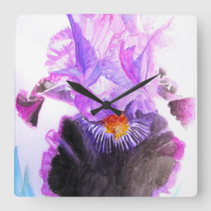 Lila Iris-Aquarell-Blume Florale Geburtstagsgrüße Quadratische Wanduhr