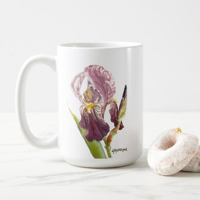 Lila Iris Aquarell Blume und Sprichwort Kaffeetasse (Mit Donut)