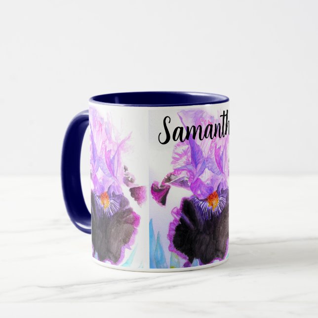 Lila Iris-Aquarell-Blumenmalerei Tasse (Vorderseite Links)