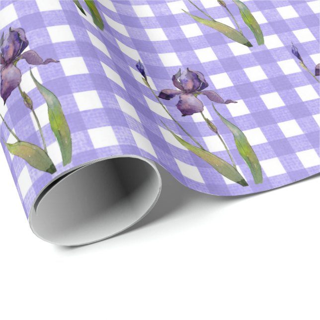 Lila Iris auf Gingham Wrapping Paper Geschenkpapier (Rolleneckpunkt)