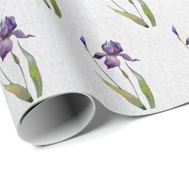 Lila Iris auf grauem Holzumschlagpapier Geschenkpapier (Rolleneckpunkt)