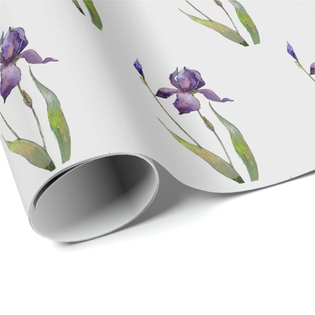 Lila Iris auf grauem Umschlagpapier Geschenkpapier (Rolleneckpunkt)