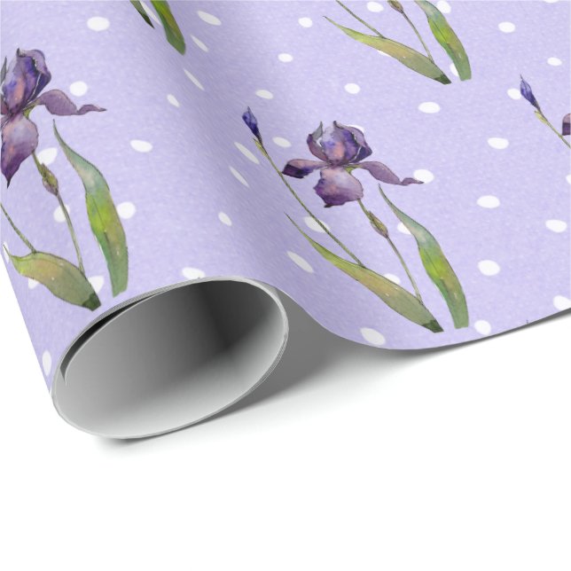Lila Iris auf Polka Dots Geschenkpapier (Rolleneckpunkt)