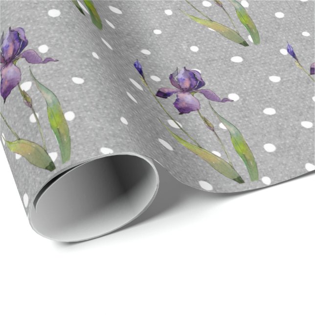 Lila Iris auf Polka Dots Wrapping Paper Geschenkpapier (Rolleneckpunkt)