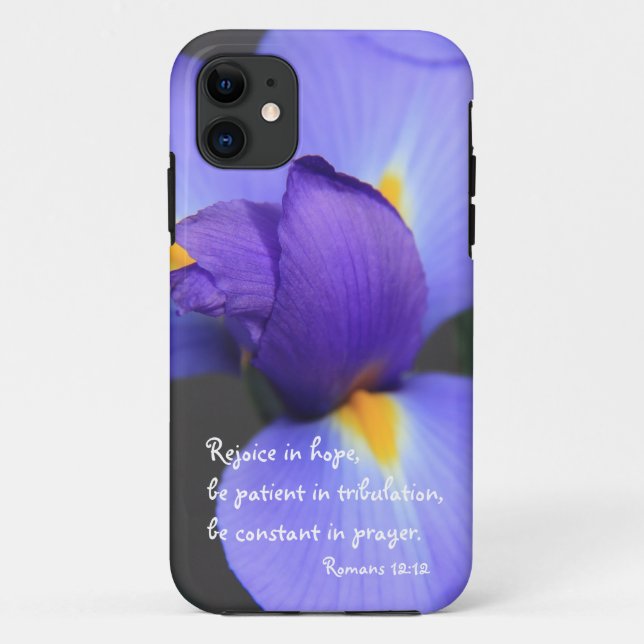 Lila Iris, Bibel-Vers über Hoffnung, Römer-12:12 Case-Mate iPhone Hülle (Rückseite)
