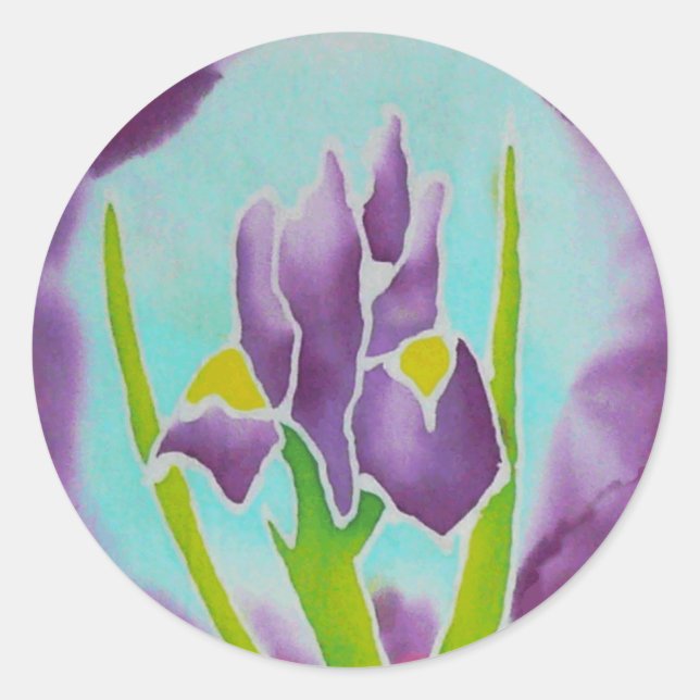 Lila Iris Blume Batik Art Runder Aufkleber (Vorderseite)
