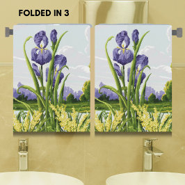 Lila Iris-Blume + Grüne Feldkunst Handtuch