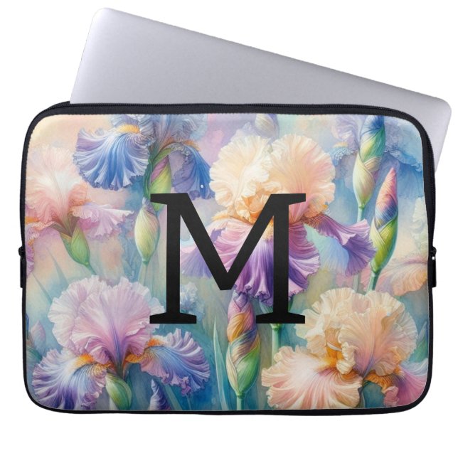 Lila Iris-Blume in Monogramm Laptopschutzhülle (Vorderseite)