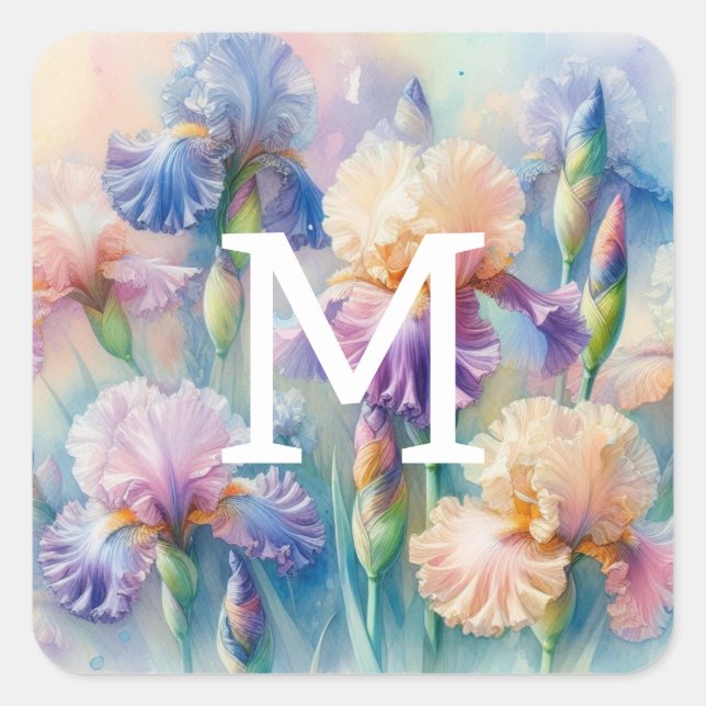Lila Iris-Blume in Monogramm Quadratischer Aufkleber (Vorderseite)