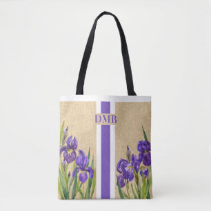 Lila Iris Blume Monogram Imitate Burlap Jute