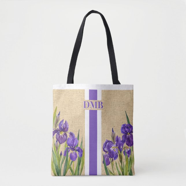 Lila Iris Blume Monogram Imitate Burlap Jute (Vorderseite)