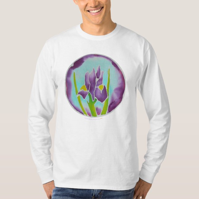 Lila Iris-Blumen-Batik-Kunst T-Shirt (Vorderseite)