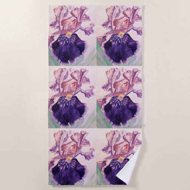 Lila Iris Blumen Watercolor Strandtuch (Vorderseite)