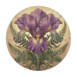 Lila Iris-Blumenkunst im Jugendstil mit aufwendige Schneidebrett