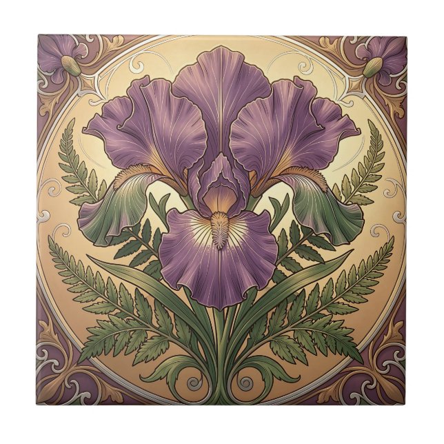 Lila Iris-Blumenkunst im Jugendstil mit ornamental Fliese (Vorderseite)