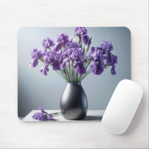 Lila Iris-Blumenstrauß in Zinnvase Mousepad