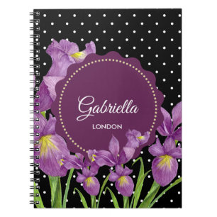 Lila Iris Botanische Schwarz-weiße Polka Dots Notizblock