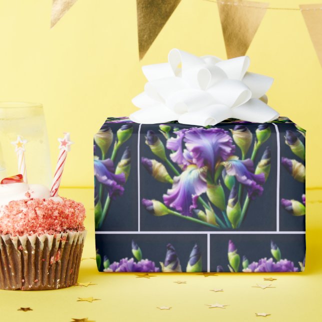 Lila Iris Bouquets auf schwarz Geschenkpapier (Geburtstagsparty)