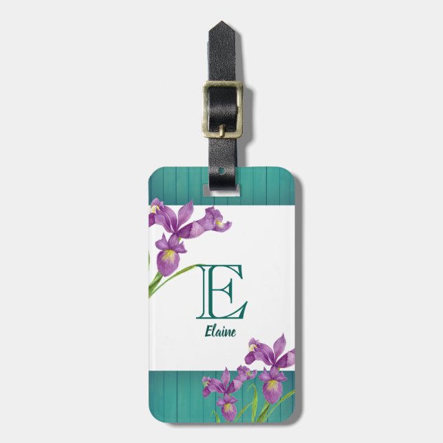 Lila Iris Floral Art Monogram Gepäckanhänger (Vorderseite vertikal)