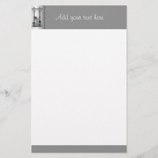 Lila Iris Garden Gate Stationierung mit Silver Briefpapier (Vorderseite)