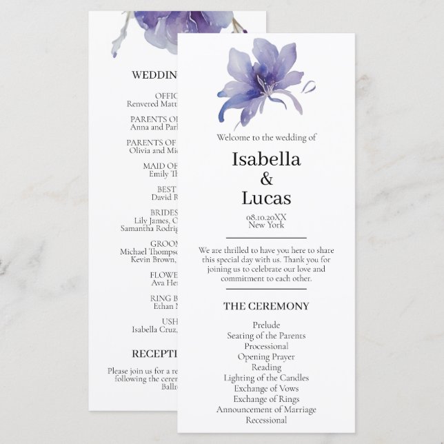 Lila Iris-Hochzeitsprogramm (Vorne/Hinten)