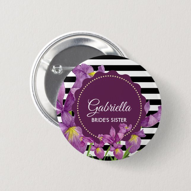 Lila Iris-Muster für Schwarz-weiße Streifen Button (Vorne & Hinten)