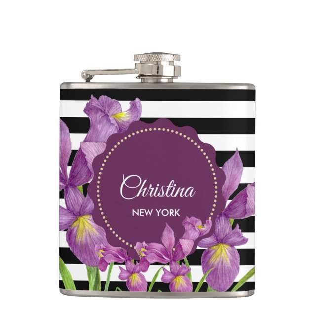 Lila Iris-Muster für Schwarz-weiße Streifen Flachmann (Vorderseite)