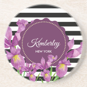 Lila Iris-Muster für Schwarz-weiße Streifen Getränkeuntersetzer