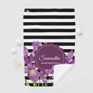Lila Iris-Muster für Schwarz-weiße Streifen Golfhandtuch