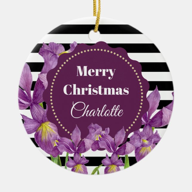 Lila Iris-Muster für Schwarz-weiße Streifen Keramik Ornament (Vorne)