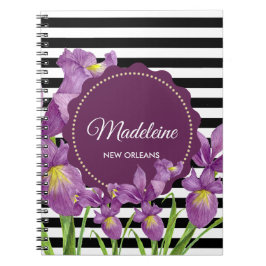 Lila Iris-Muster für Schwarz-weiße Streifen Notizblock