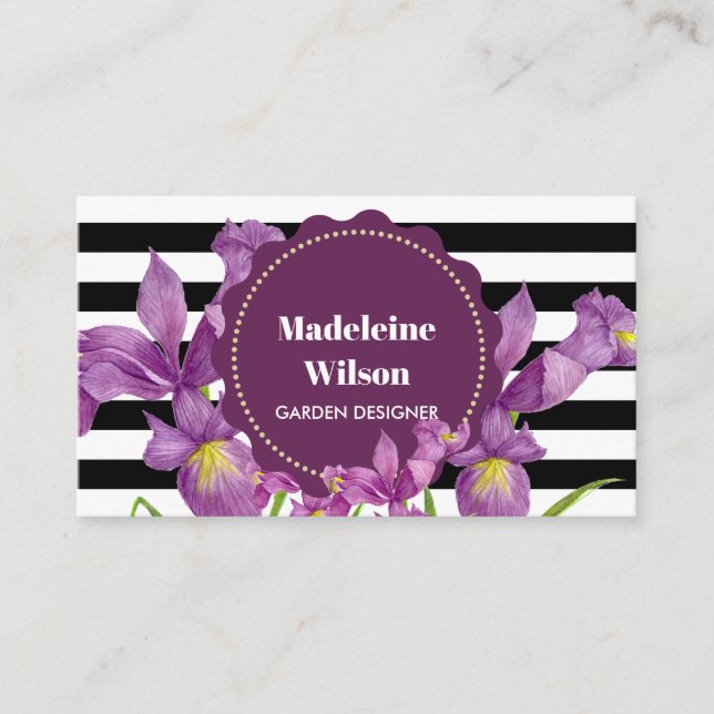 Lila Iris-Muster für Schwarz-weiße Streifen Visitenkarte (Vorderseite)