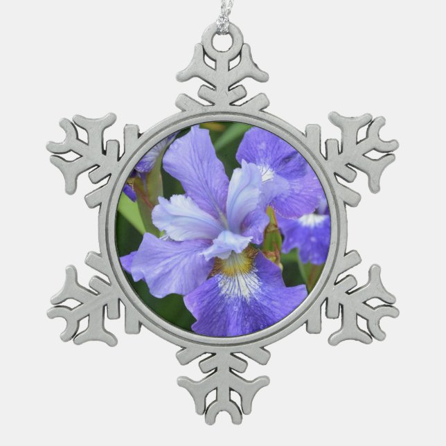 Lila Iris Schneeflocken Zinn-Ornament (Vorderseite)