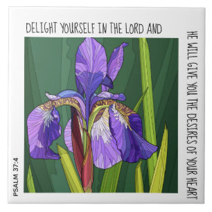 Lila Irisblende mit Vers aus Psalm 37:4 Keramik Ti Fliese