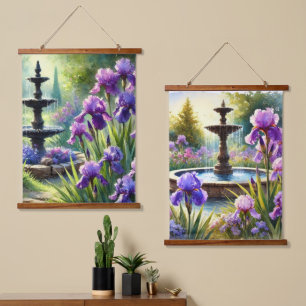 Lila Irische Blume und Brunnen Wandteppich Mit Holzrahmen