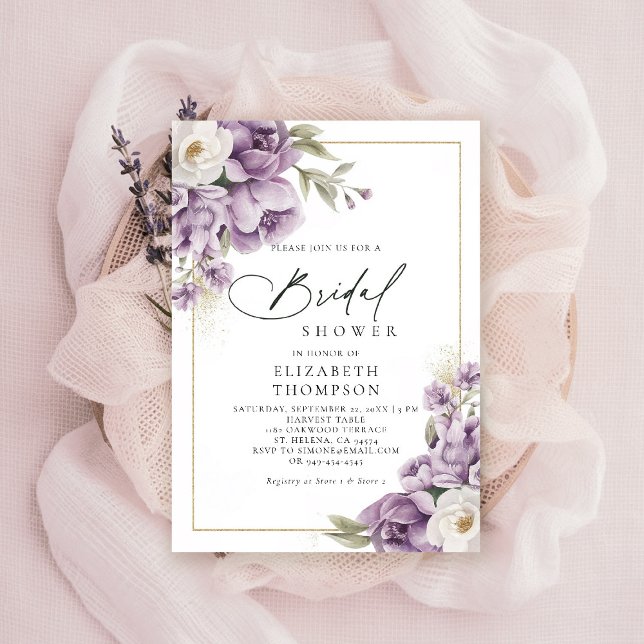 Lila Ivory Gold Floral Elegantes Brautparty Einladung (purple ivory gold bridal shower invitation watercolor elegant floral mauve green barn ranch garden)