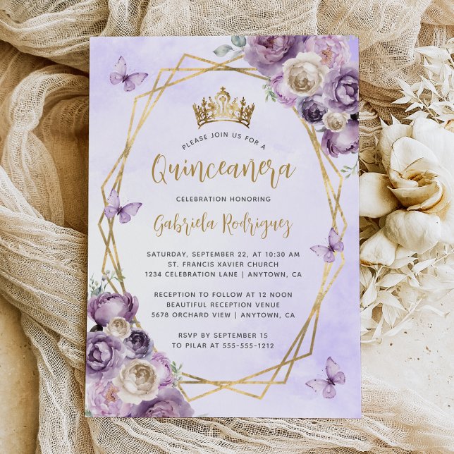 Lila Ivory Gold Geometric Floral Quinceañera Einladung (Von Creator hochgeladen)